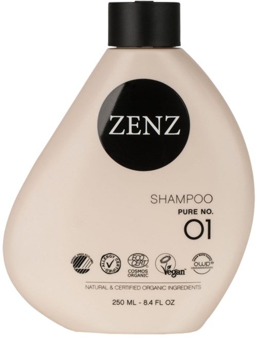 En beige schampoflaska med svart lock, märkt ZENZ, Pure No. 01, och olika certifieringslogotyper.