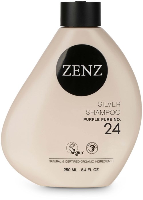 En flaske av Zenz Silver Shampoo merket som Purple Pure, vegansk, naturlige ingredienser, 250 ml og nummer 24.