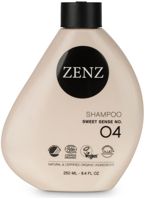 En beige schampoflaska med svart kork, märkt "ZENZ" och "Sweet Sense No. 04." Innehåller 250 ml.