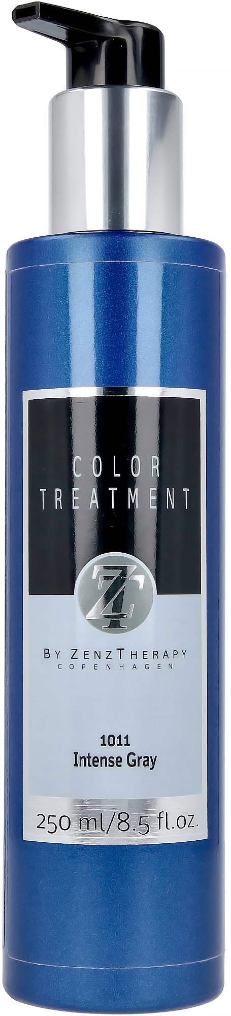 En blå flaske med pumpe mærket "Color Treatment" og "Intense Gray," 250 ml, af Zenz Therapy.