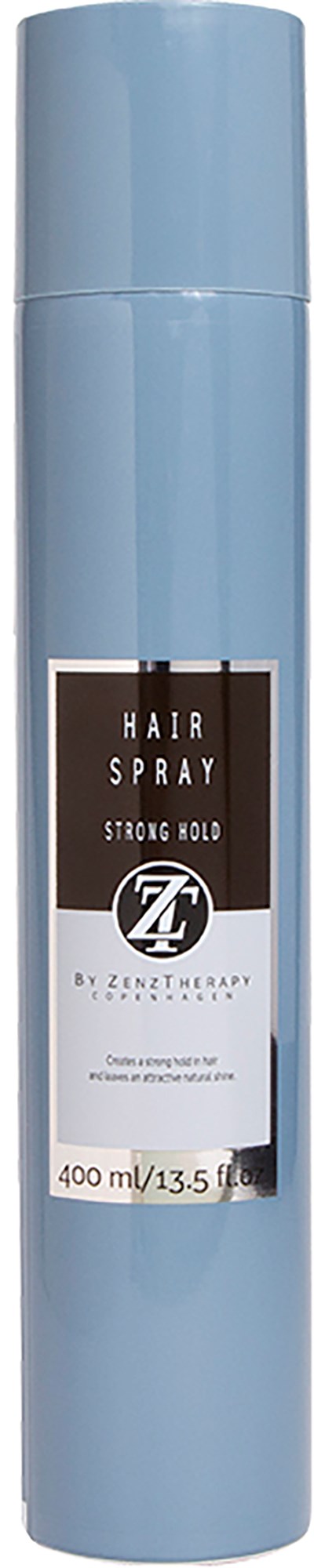 Długa, jasno niebieska puszka z lakierem do włosów z napisem 'Hair Spray' i czarno-białą etykietą. Ma nakrętkę na górze.