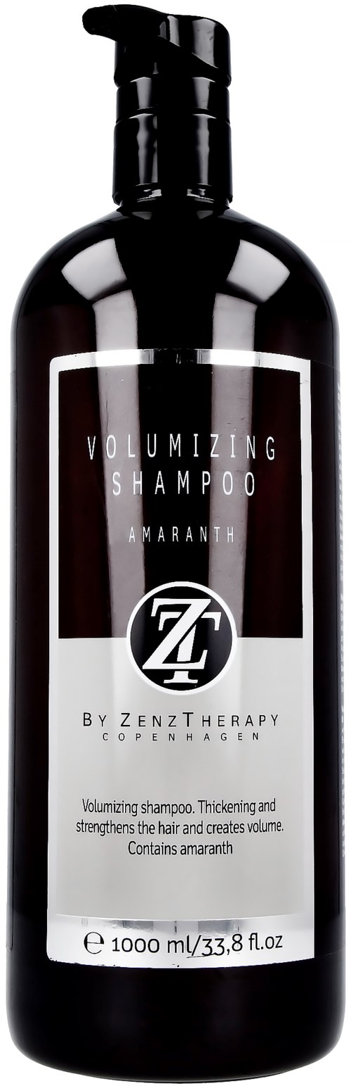 Czarna butelka szamponu zwiększającego objętość z pompką, etykieta pokazuje markę Z by Zenz Therapy, zawiera amarant.