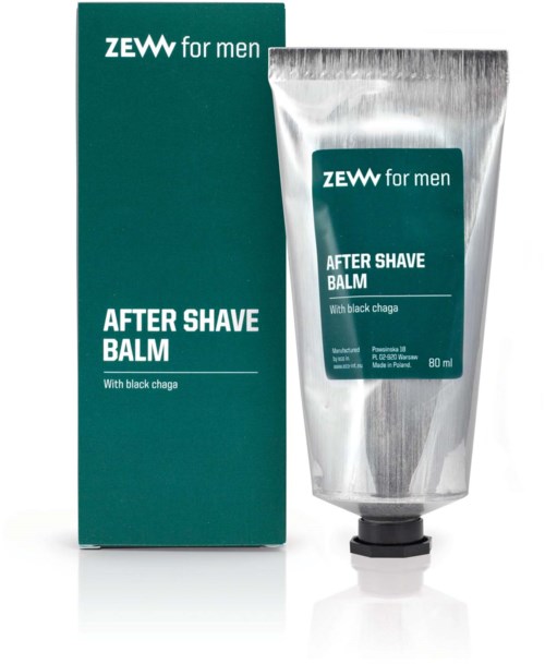 En box och tub med after shave balm för män med svart chaga. Enkel design med teal och vit text.