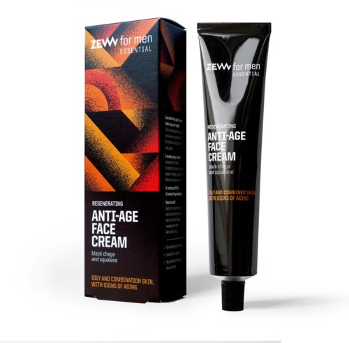 A black and orange box and black tube packaging for men's anti-age face cream featuring brand and product details.