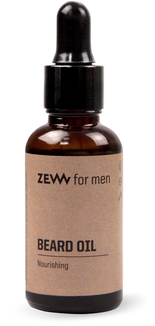 Mała brązowa butelka z kroplomierzem oznaczona "Beard Oil Nourishing" do pielęgnacji mężczyzn.