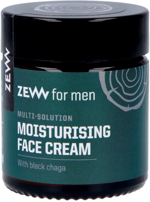 En mørk krukke med fuktighetsgivende ansiktskrem med teal etikett, svart lokk, og hvit tekst, inkludert ingredienser som svart chaga.