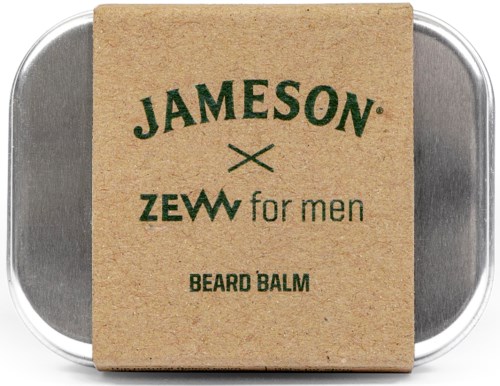 Skjeggbalm i en metallbeholder med en papirlapp som sier "JAMESON x ZEWW for men."