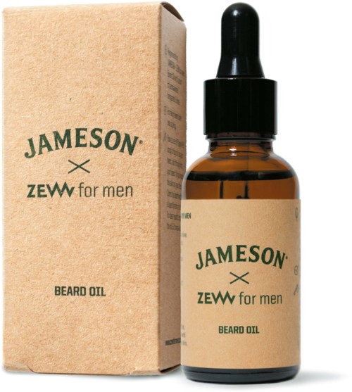 Brązowa butelka olejku do brody obok pasującego kartonowego pudełka z zielonym tekstem, 'JAMESON ZEW for men'.
