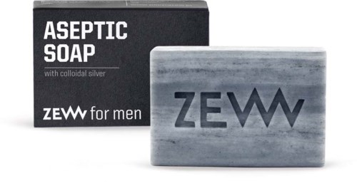 Czarna pudełko z napisem 'Aseptic Soap' i szara mydło z napisem 'ZEWW'.