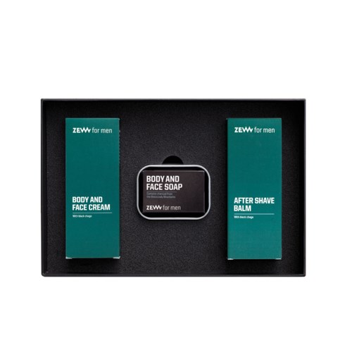 Sätt med herrvårdsprodukter som inkluderar tvål, ansiktskräm och after shave-balm i en svart ask.