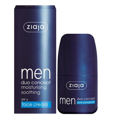 En blå förpackning och en blå burk med herransiktskräm och anti- perspirant. Paketet visar produktnamn och beskrivningar.