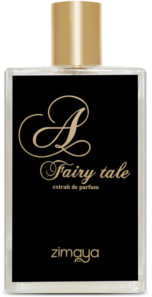 En parfyllflaska med svart etikett och guldlock, märkt 'Fairy tale' och 'extrait de parfum' av Zimaya.