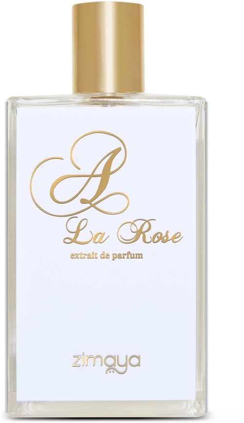 A clear perfume bottle with a gold cap and gold lettering, labeled La Rose and Zimaya.