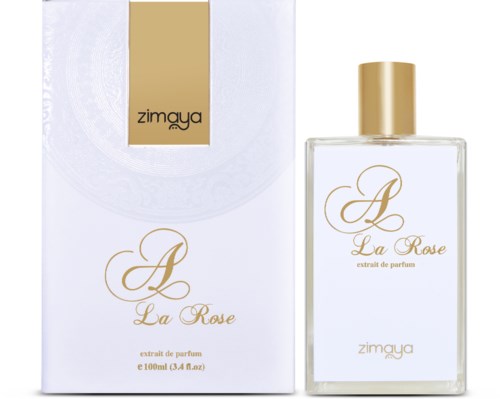A perfume bottle and box labeled 'La Rose' with gold and white design, containing 100ml of perfume.