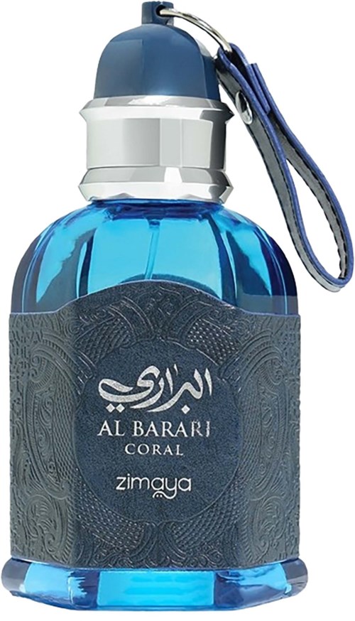 A blue glass perfume bottle with a grey cap and a strap, labeled 'Al Barari Coral Zamaya'.