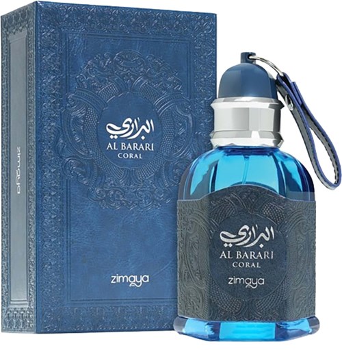 A blue perfume bottle with a decorative box, labeled "Al Barari Coral" by Zimaya.