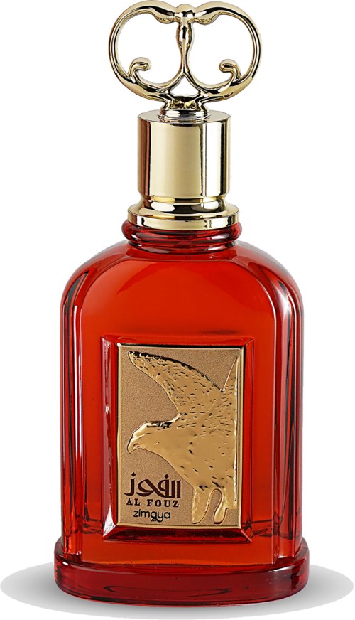 A red perfume bottle with a gold cap and an eagle label in Arabic script.