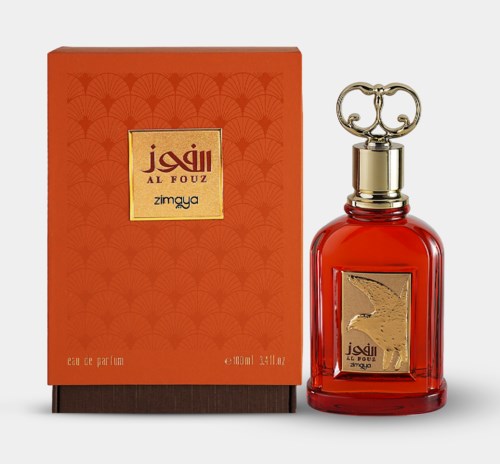 Red perfume bottle with gold label and decorative cap, next to an orange box with gold label and design.