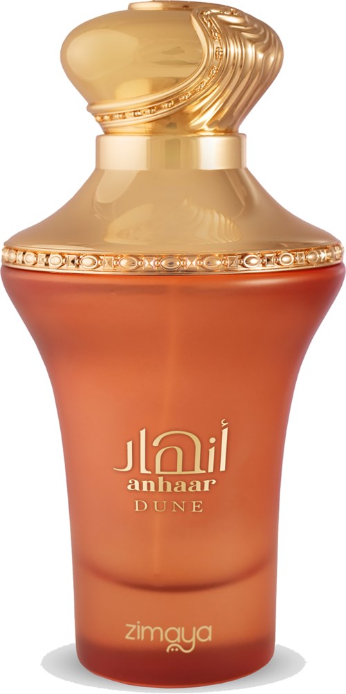 A perfume bottle with gold top and orange body, labeled 'Jilani Anahaar Dune' and 'Zimaya'.