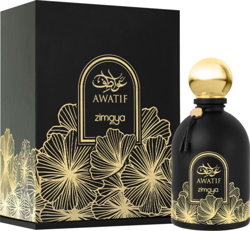 Black perfume bottle with gold cap and label, decorated with gold floral design, alongside a matching box.