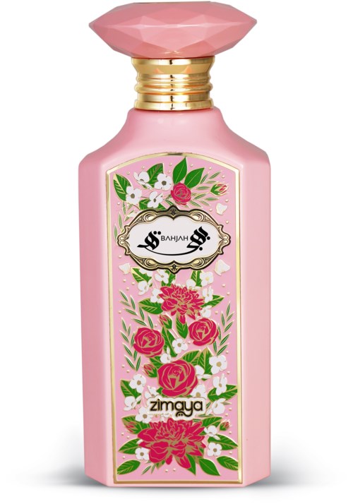 Pink perfume bottle with floral and decorative labels, gold accents on the neck, and an ornate cap.