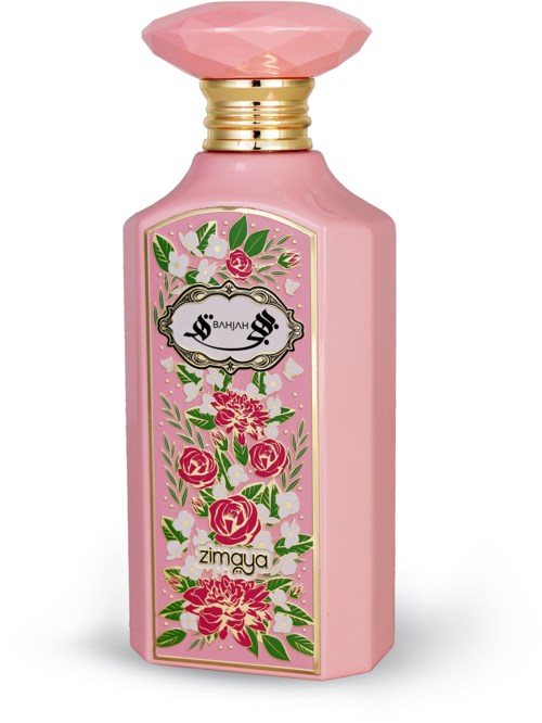 Pink perfume bottle with floral design and gold neck, featuring a decorative label and cap.