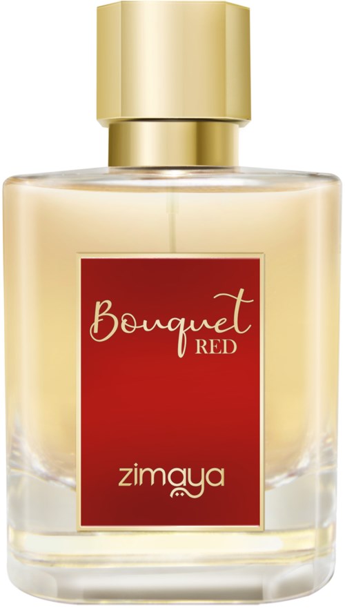 En parfymflaska med en röd etikett som säger "Bouquet RED" och märket "zimaya."