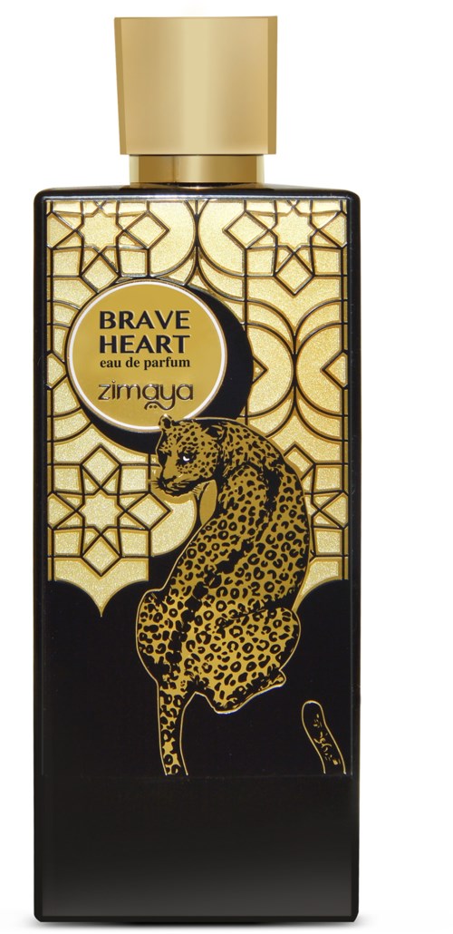 A perfume bottle with a black and gold design, featuring a leopard and geometric patterns.