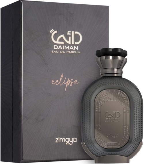 A perfume bottle with a sleek gray design next to a dark box labeled 'Daiman eclipse' and 'zimuma'.