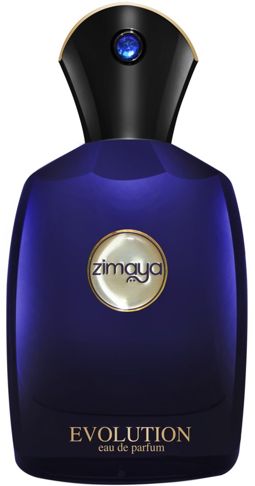 Donkerblauwe parfumfles met zwarte dop en gouden accenten, gemerkt Zimayu en Evolution.