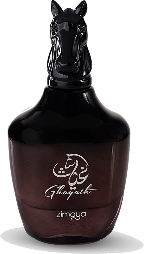 A dark brown perfume bottle with a horse-shaped cap and white writing on the front.