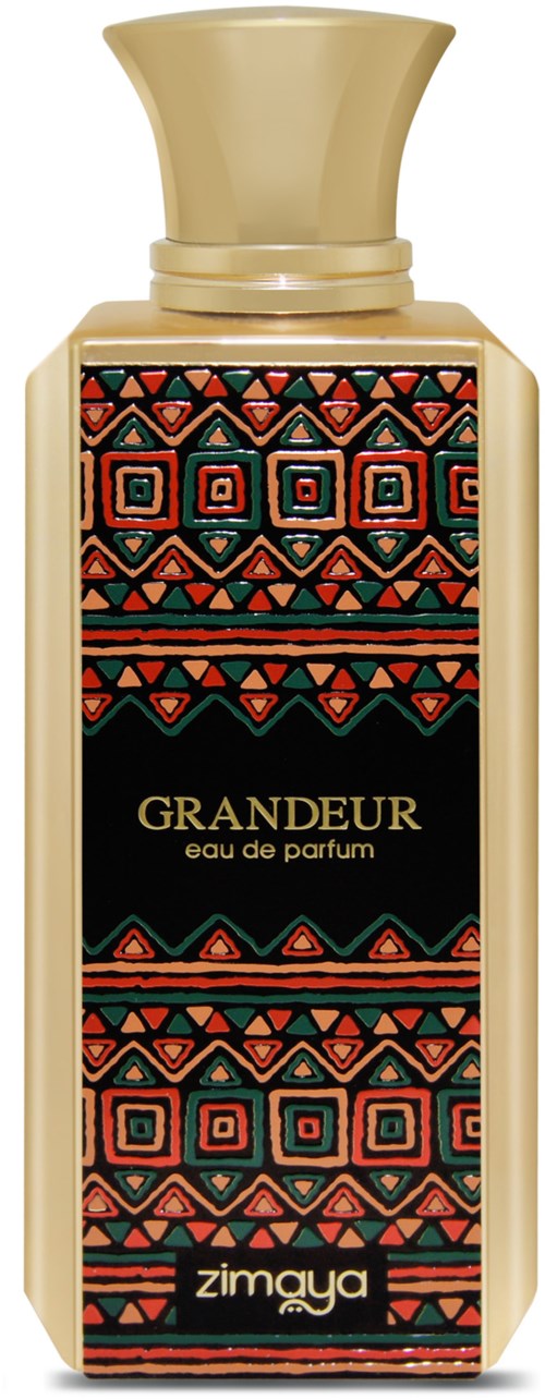 A perfume bottle with a colorful, African-patterned label and a beige cap. The label says 'Grandeur eau de parfum' by Zimaya.
