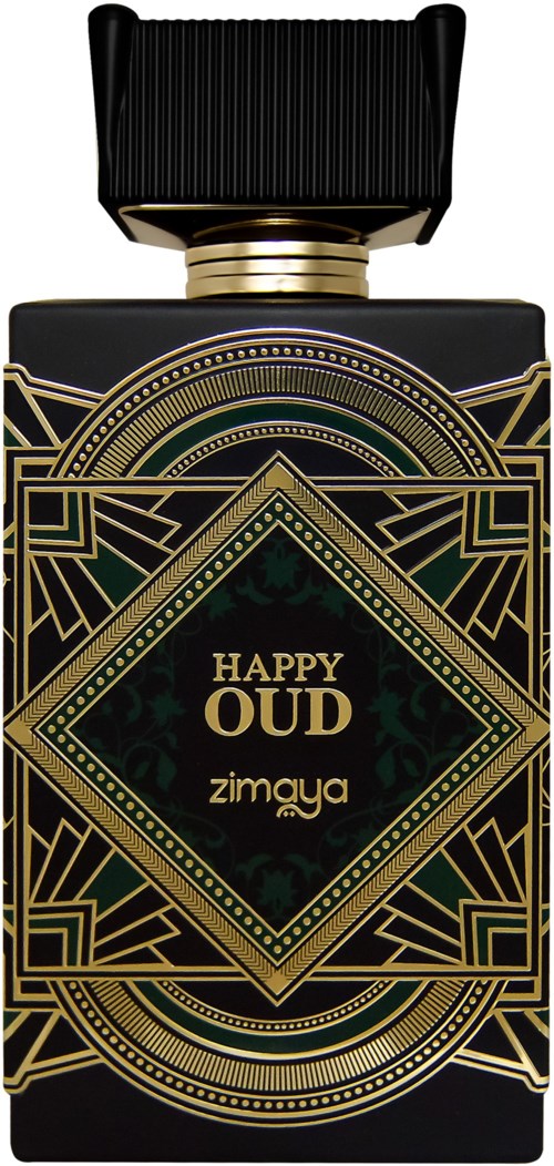 En svart parfymeflaske med gullmønster og en kvadratmerke som sier "HAPPY OUD".