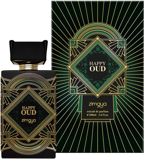 En parfymeflaske og eske med gull- og grønt Art Deco-design, kalt 'HAPPY OUD' av Zimayya.