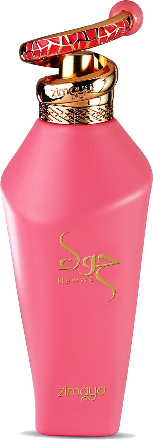 A pink bottle with a shiny gold cap and a decorative pink and gold lid.