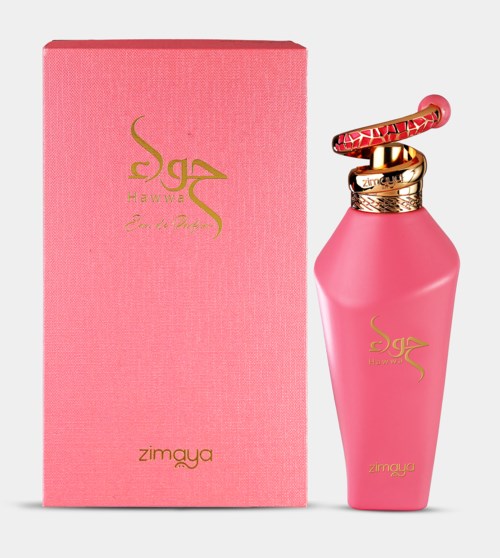 A pink perfume bottle with gold details next to a pink box, both labeled 'Zimaya'.