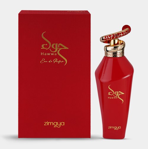 A red perfume bottle and box with gold and snake design accents, labeled 'Zimaya' and 'Hawwa' in elegant font.