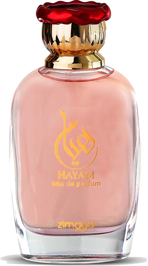 A perfume bottle with a pink liquid, gold and red cap, and gold text on the front.