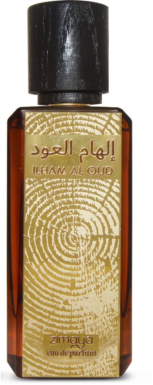 A perfume bottle with a black cap, gold label, and Arabic writing, labeled 'Ilham Al Oudd' by Zimaya.