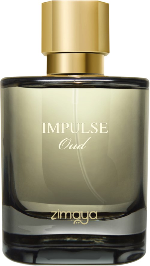 Hajuvesipullo kulta-kannella, merkiltä 'IMPULSE Oud' Zimaya, tyylikäs ja elegantti muotoilu.