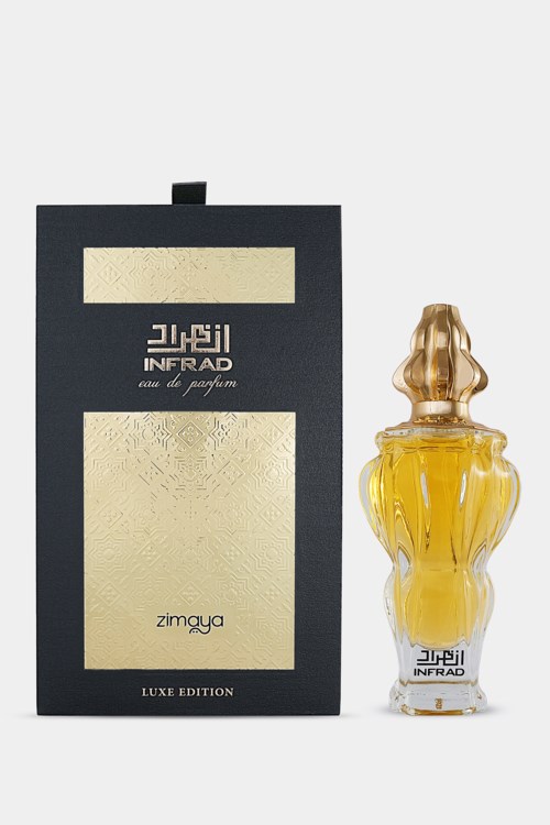 A perfume bottle next to a black box with gold accents, labeled "INFAD Zimgaya Luxe Edition."