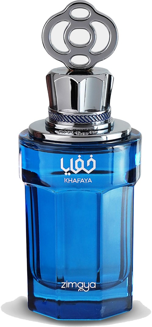 A blue glass perfume bottle with a silver cap and a circular opener on top, labeled 'Léo Khafaya' and 'Zimgaya.'