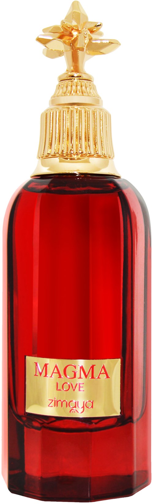 A red perfume bottle with a gold decorative cap shaped like a star and a label saying 'MAGMA LOVE'.