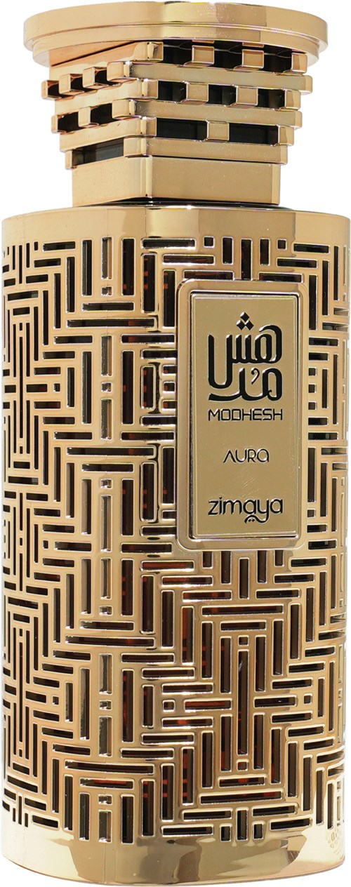 A perfume bottle with a gold lattice design and a rectangular label in the center.
