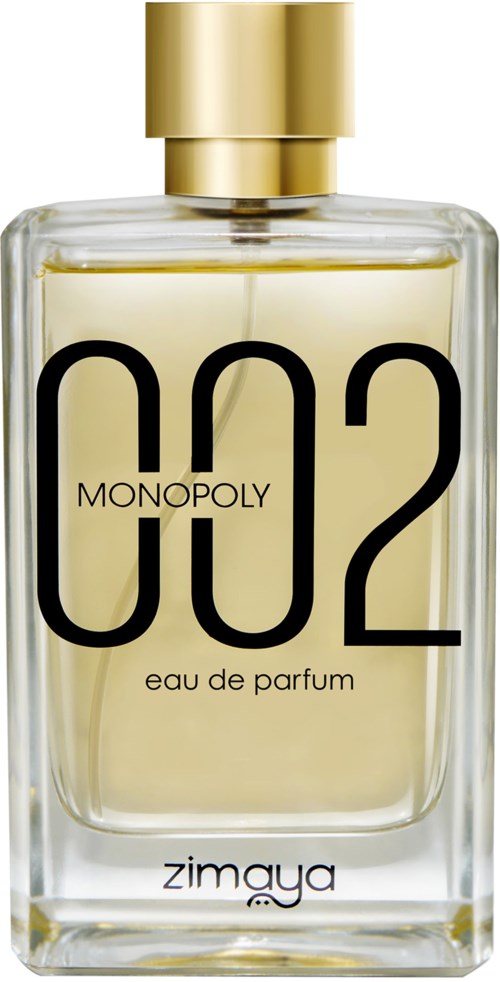 En parfymeflaske merket 'MONOPOLY 002 eau de parfum' av Zimaya med gullhette.