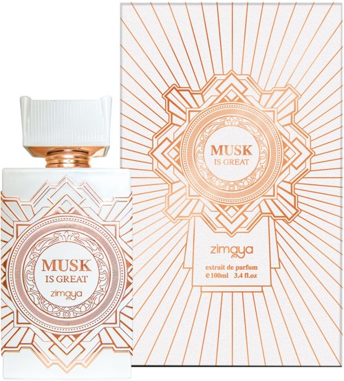 En parfymflaska och ask med orange geometriska mönster, flaskan har en vit lock och etikett som säger 'Musk is Great.'