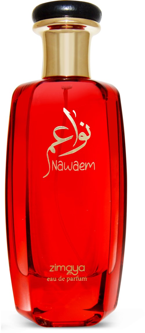 Red perfume bottle with gold cap, labeled Nawarem, Zimayg, and Eau de Parfum.