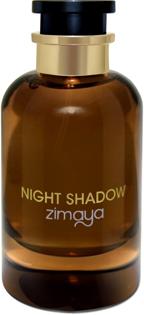 A brown bottle with a black and gold cap labeled Night Shadow Zimaya, likely a perfume or essence.