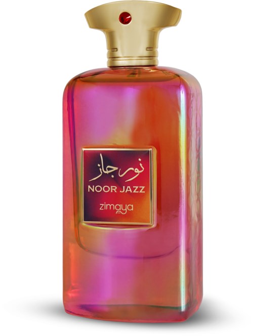 A perfume bottle with pink and orange hues, a gold cap, and a label with Arabic and English text.