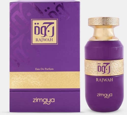 Purple bottle and box with gold accents, labeled 'Rajwah' and 'Zimaya', perfume product.